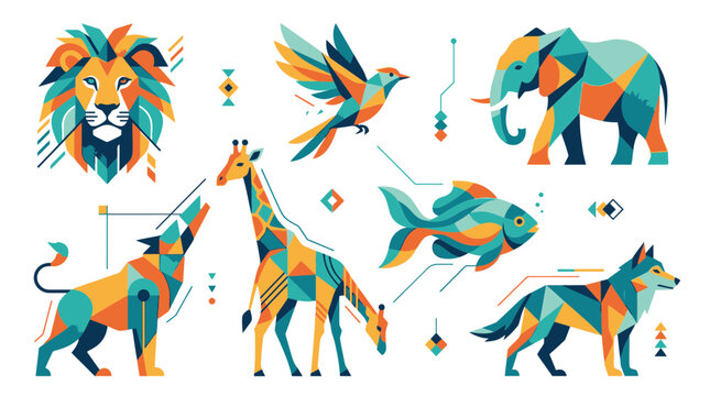 Vibrant geometric animals gather in a lively wildlife scene with lion, bird, elephant, giraffe, and fish.