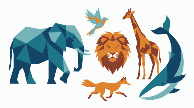 A colorful illustration of animals including elephant, bird, lion, fox, giraffe, and whale.
