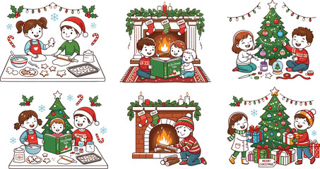 Children Christmas Holiday Vector Illustration Collection Featuring Cute Cartoon Kids and Festive Winter Activities © Md Atiar Rahman