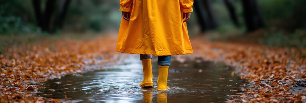 Back view yellow rain boots walking down a flooded forest path with autumn leaves for wallpaper and poster