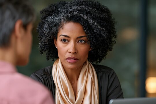 Focused woman with natural curly hair and a satin scarf in an office setting for professional profile portrait background and corporate meeting banner