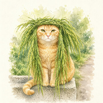Cute Orange Tabby Cat Wearing a White Blossom Flower Crown and Floral Cloak Illustration Isolated on White Background