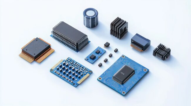 assortment of microchips, circuit boards, heatsinks, connectors and small electronic modules arranged neatly on pale blue background, conveying precision and futuristic technology