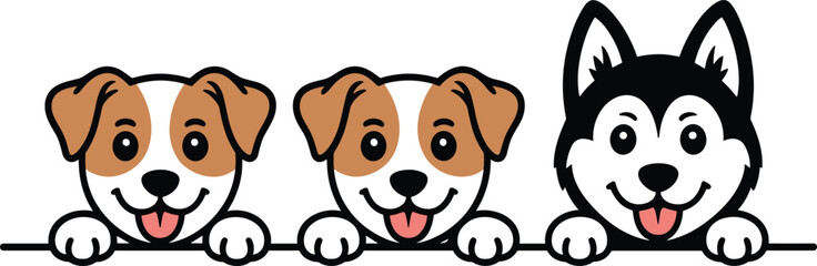 Cute cartoon dog breeds peeking over border including two jack russell terriers and a happy siberian husky vector illustration on white background © Josna