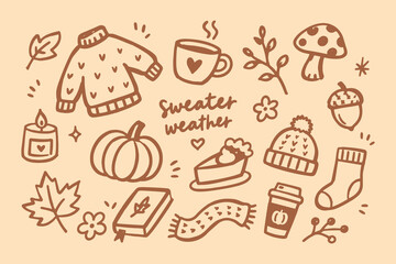 Fototapeta premium Autumn cozy doodle set hand drawn vector illustration