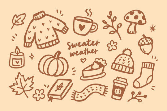 Autumn cozy doodle set hand drawn vector illustration