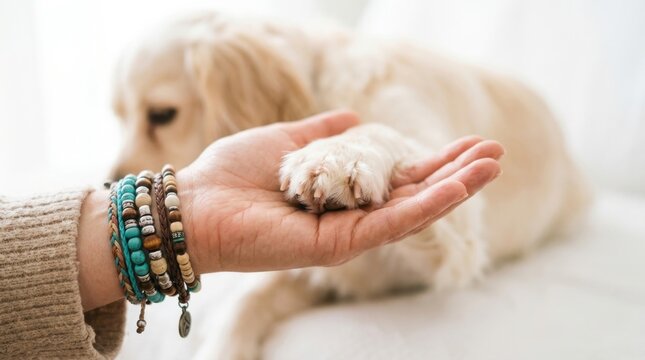 A heartwarming close-up view of a golden retriever paw resting gently in a human hand, capturing the profound bond, unconditional love, and loyal friendship between a pet owner and their best