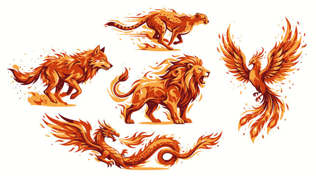 Mythical creatures including dragon, phoenix, lion, and wolf are illustrated.