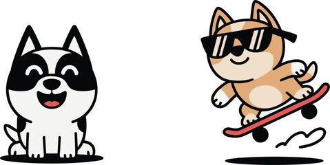 Cute cartoon dog characters set including happy sitting husky puppy and cool shiba inu riding skateboard vector illustration on white background © Josna