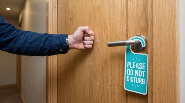 Close-up of a man's hand knocking on a wooden door with a 'Please Do Not Disturb' sign hanging on the handle in a hotel corridor or residential hallway.