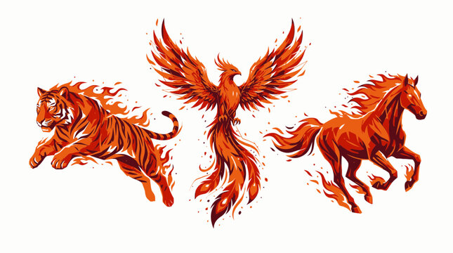 Mythical creatures running together in a fiery scene with tiger phoenix horse