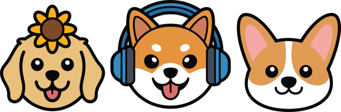 Cute cartoon dog faces set including golden retriever with sunflower shiba inu wearing headphones and happy welsh corgi vector illustration on white background