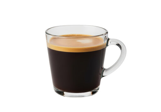 Clear glass cup with hot black coffee and crema