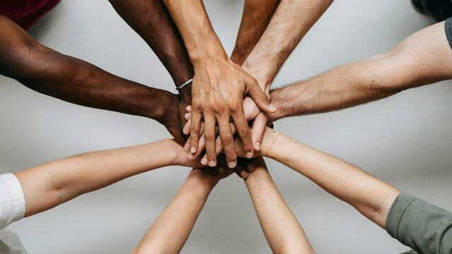 Group of people joining hands in unity circle