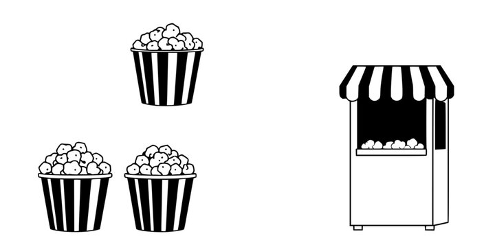 Popcorn set with four clean-lined black and white illustrations featuring popcorn buckets, single kernels, machine, and striped awning with flat design and minimalist style