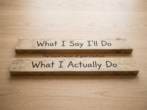 Conceptual Image Illustrating the Gap Between Intentions and Reality with Text What I Say I'll Do and What I Actually Do on Rustic Wood Planks