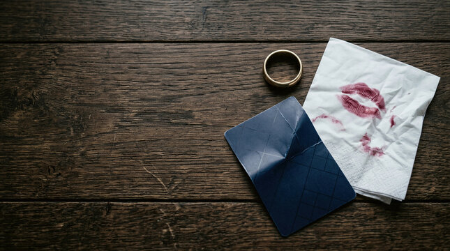 Wedding ring beside crumpled tissue with red lipstick mark and credit card on wooden table. Symbolic representation of infidelity, betrayal, divorce, and broken marriage relationship.