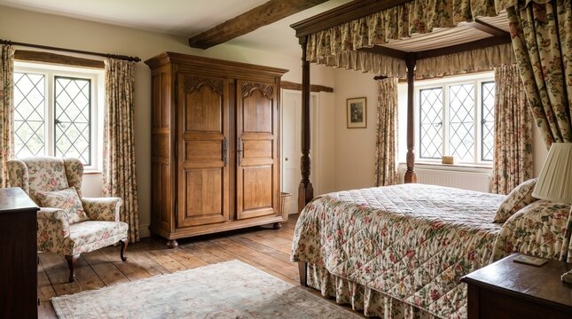 Rustic country bedroom with four poster canopy bed floral textiles wooden wardrobe and polished floors