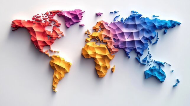 colorful low-poly 3d world map showing continents in red orange yellow purple and blue facets on a clean white background with soft shadows, vibrant and playful