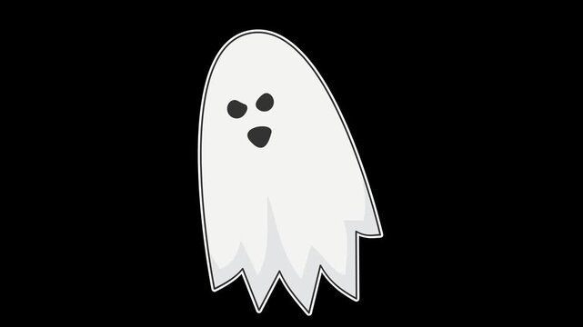 Seamless looping animation of a floating sheet ghost swaying for spooky Halloween holiday concepts. Flat style sticker design element isolated on transparent alpha channel background