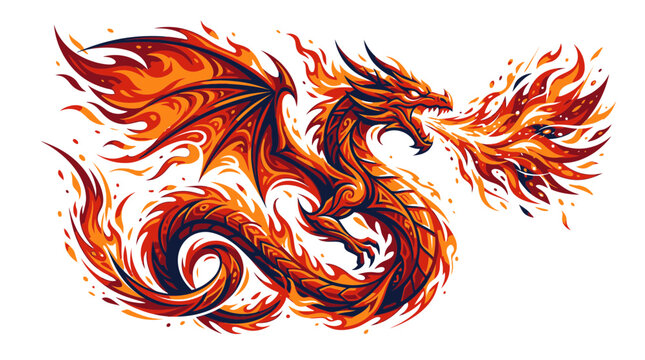 A fiery dragon breathes flames in an intense, mythical scene with dragon, fire, flames, burning, passion.
