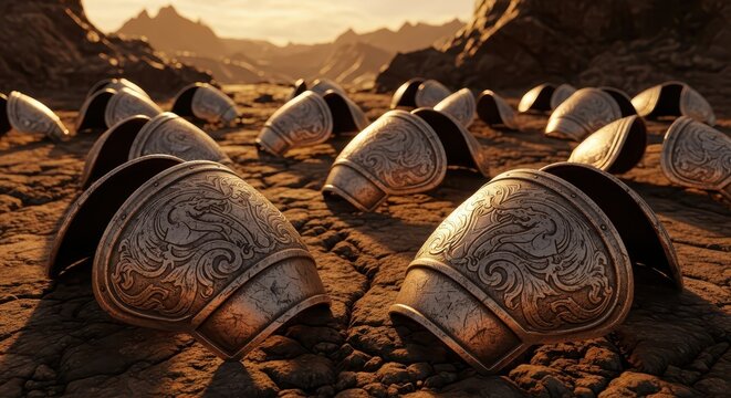 Collection of Dented Steel Pauldrons Scattered on a Rocky Battlefield at Dusk