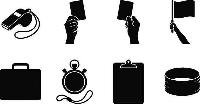 Sports referee equipment silhouette icons with officiating tools and match accessories set