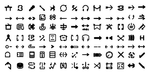 Obraz premium Symbols set with minimalist black and white grid pattern featuring letters, numbers, punctuation with arrows and directional symbols