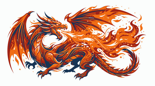 A fiery dragon creature with flames and wings is flying through a fantasy landscape.