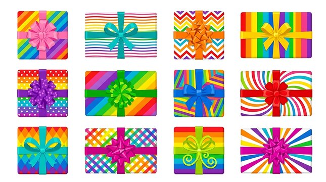 Set of colorful gift boxes with ribbons and bows for holidays and birthday celebrations