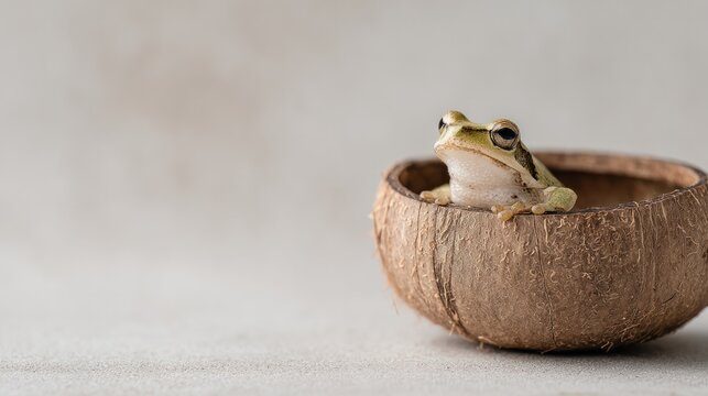 Curious Frog in Coconut Shell