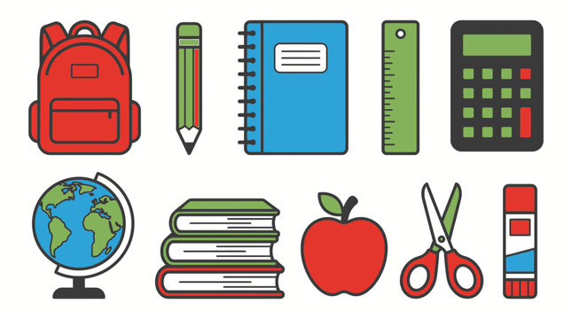 A collection of school supplies and education icons on a table