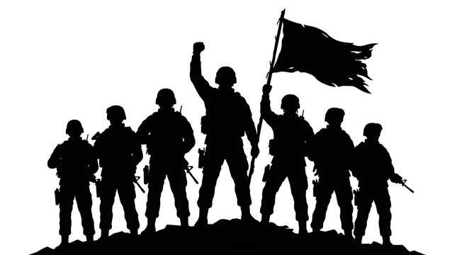 Silhouette of a group of soldiers standing on a hill with a flag
