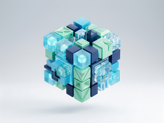 Naklejka premium 3D rendering of a cube composed of multiple smaller cubes and rectangular prisms