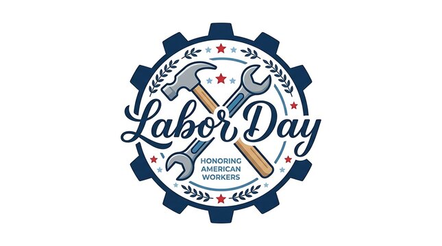 Labor day emblem with hammer and wrench isolated on white background