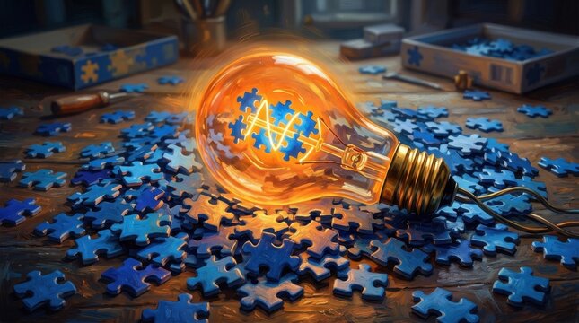 A vibrant glowing light bulb containing blue jigsaw puzzle pieces on a rustic wooden desk with scattered parts symbolizing creative innovation concepts for complex business problem solving brilliance!