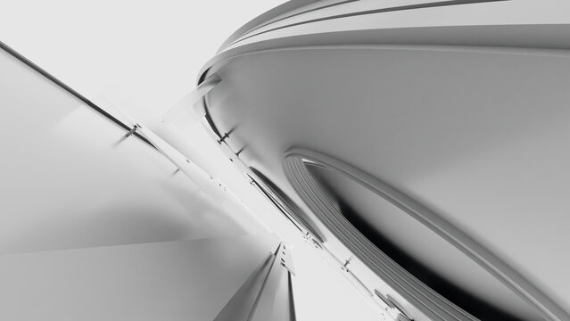 Abstract futuristic white curved structure. Abstract futuristic architecture with smooth white curves and flowing metallic surfaces. Can be used as a texture or background for design projects, scenes,