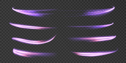 Glowing curved light streaks for game effects, magical attacks, speed motion, energy slashes and interface design, isolated on transparent background. Vector.