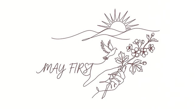 Continuous line art of a hand holding flowers with a bird and sun