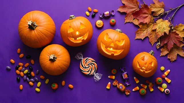 Halloween flat lay with carved jackolantern pumpkins, autumn leaves, and assorted candy on a purple background