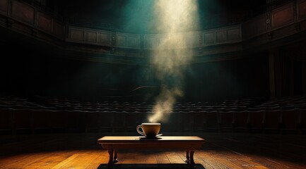 Obraz premium steaming cup on a wooden bench center stage under a lone spotlight in an empty theater, evoking quiet solitude and warm anticipation