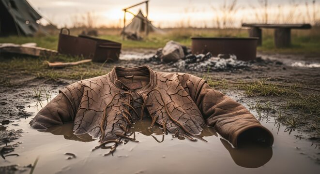 Cracked Leather Jerkin Submerged in Muddy Water Outdoors