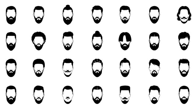 Beards and Hairstyles in Black and White Vector Illustration Featuring Beard, Hairstyle, Facial Hair with Grooming and Men