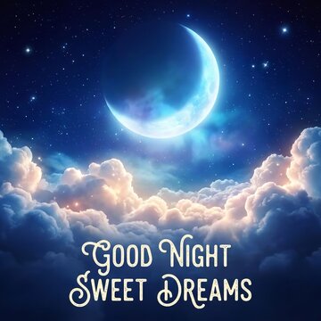 Glowing crescent moon in starry night sky. Dreamy clouds illuminated by moonlight. Peaceful evening scenery.