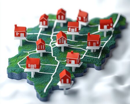 3d stylized green map with interconnected white roads and red-roof houses on raised platforms conveying a connected community and organized neighborhood planning