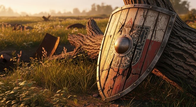 Cracked Wooden Viking Shield Resting in a Grassy Field at Sunrise