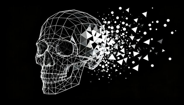 Geometric skull with exploding polygonal particles on black background for technology concepts