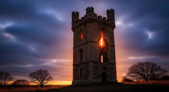 Crumbling Stone Tower Bathed in Golden Sunset Light