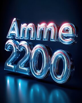 futuristic chrome balloon letters reading amme 2200 glowing neon blue and pink on a dark reflective surface with sleek celebratory mood
