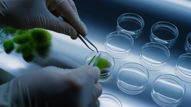 Gloved hands using metal tweezers to place bright green fibrous sample into clear petri dish on reflective stainless tray under cool blue laboratory light, with laboratory, glove, tweezer, petri